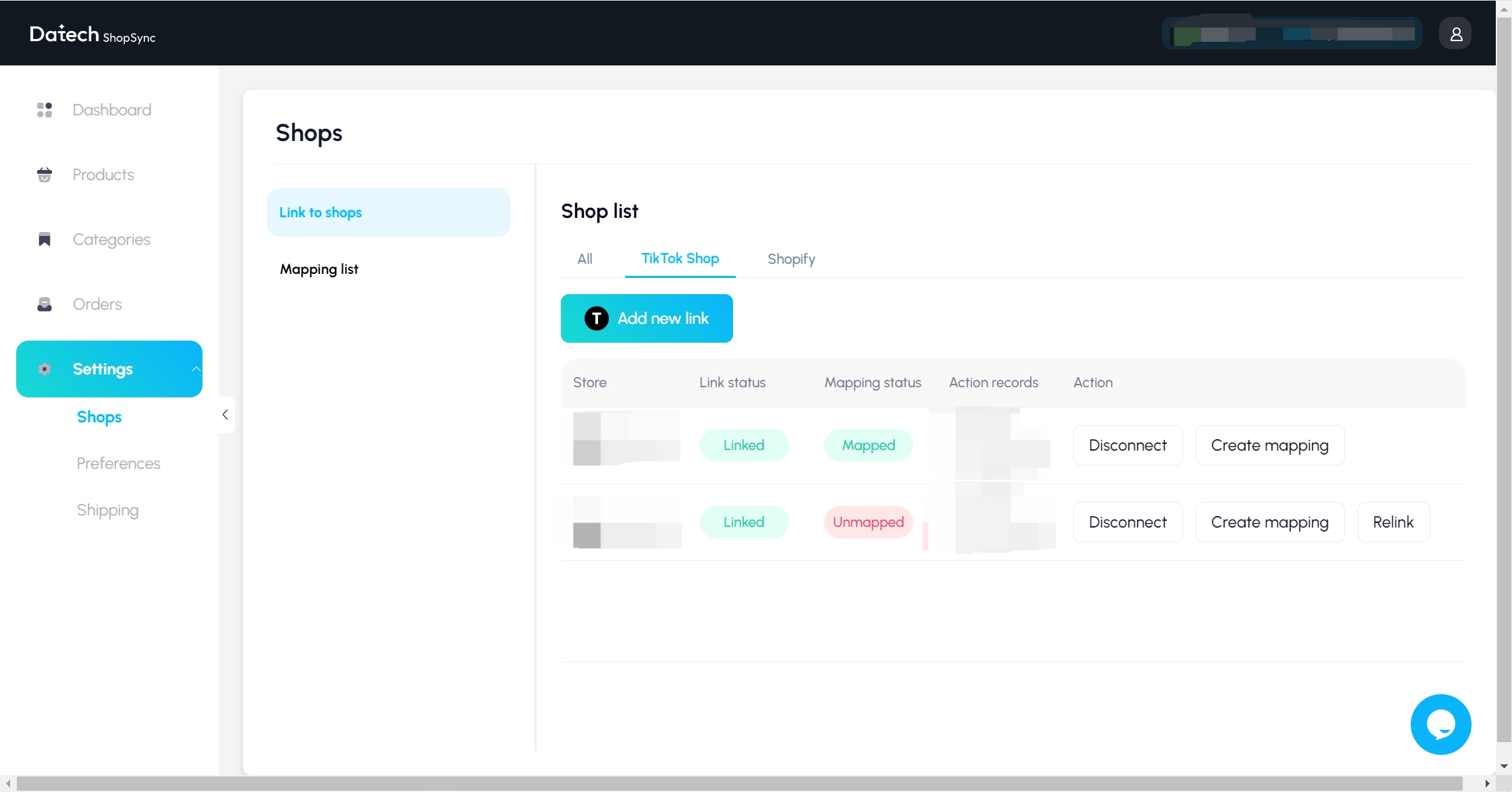 Datech ShopSync dashboard linking shops