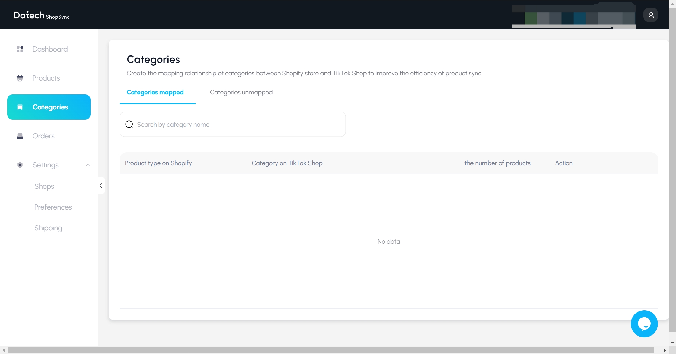 Datech ShopSync dashboard category settings