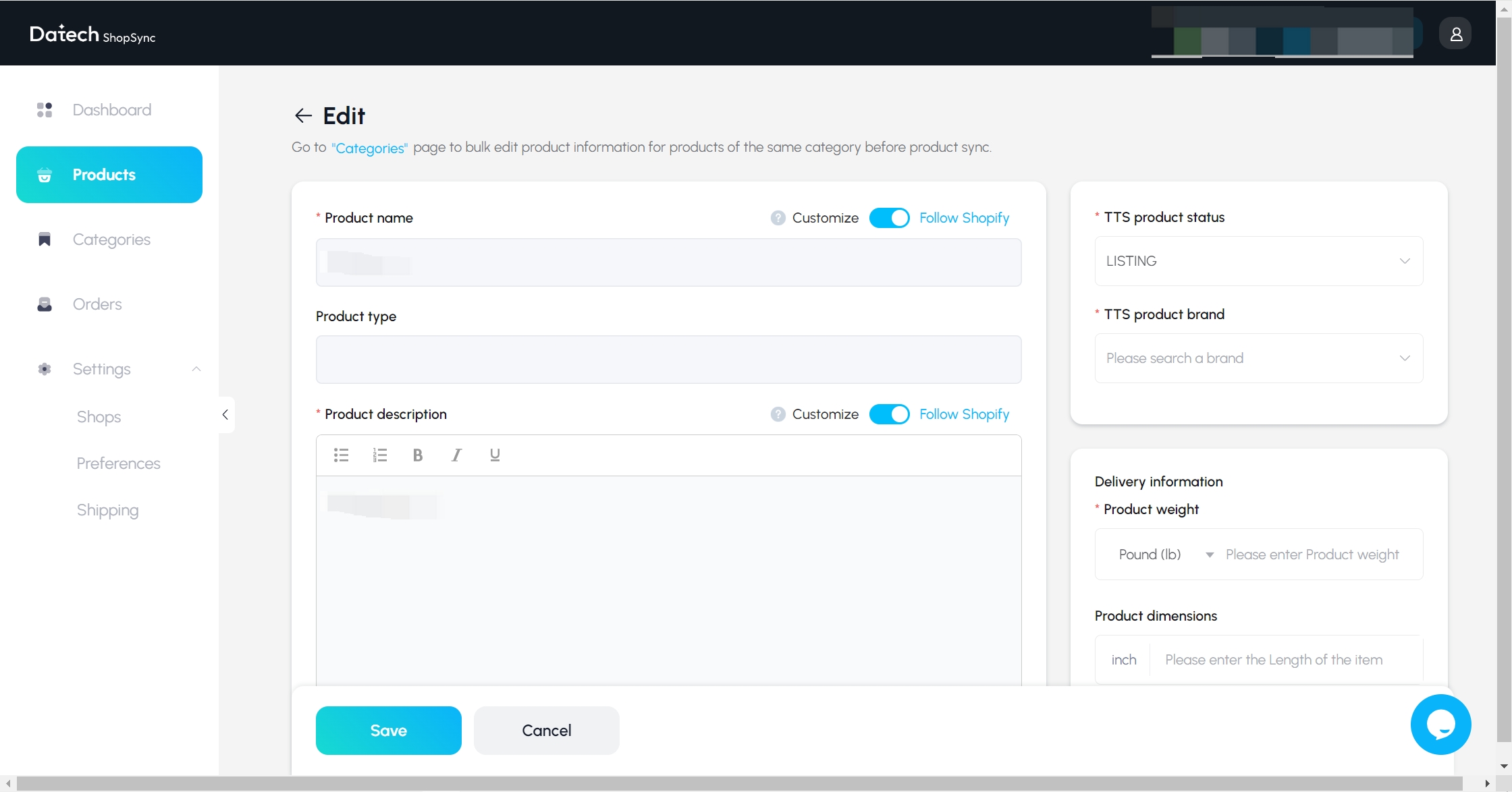 Datech ShopSync dashboard product edit