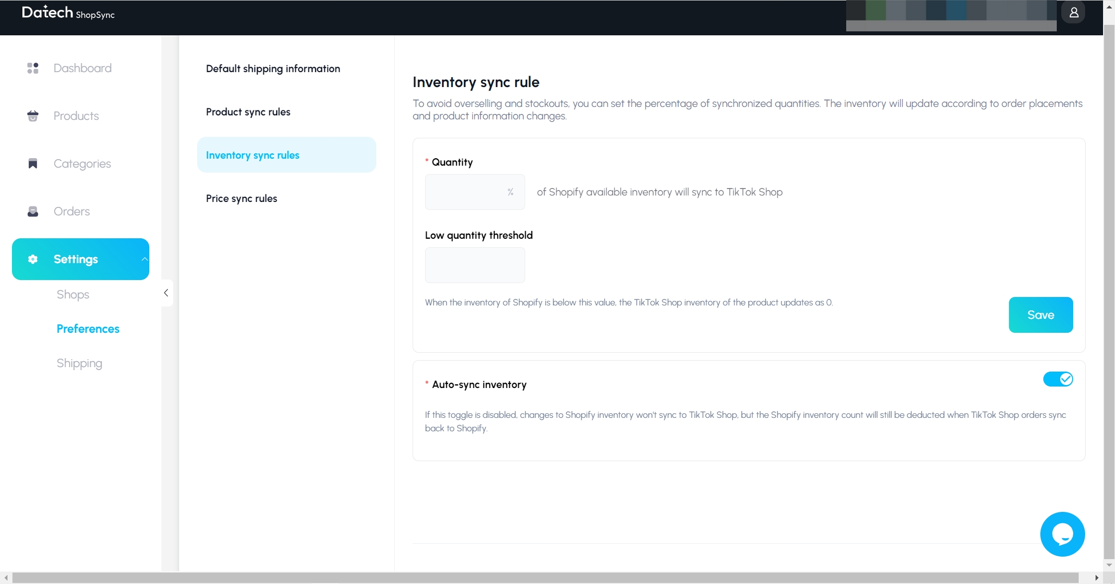 Datech ShopSync dashboard inventory setting